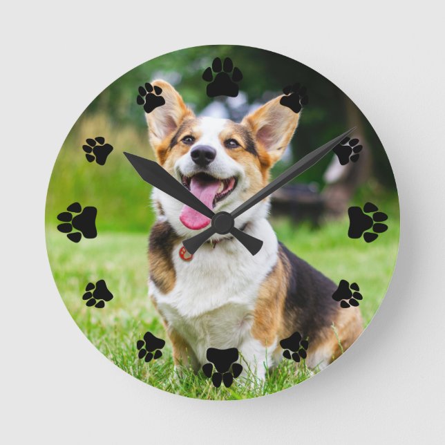 Black Paw Prints Add Your Pet Photo Round Clock (Front)