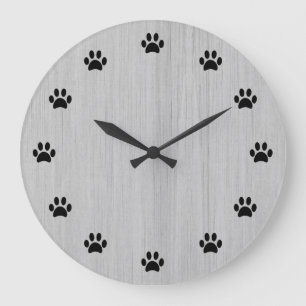 Black Paw Prints as Numbers Silver Rustic Wood Large Clock