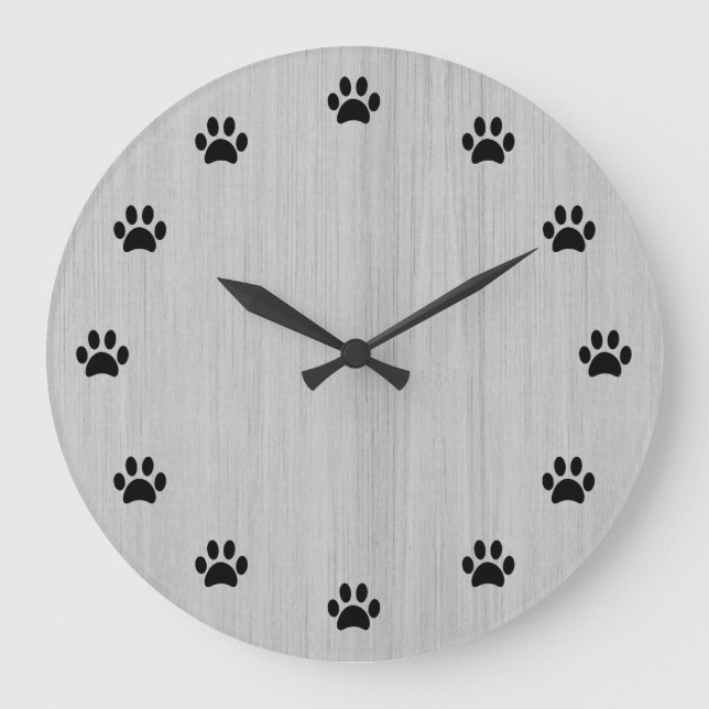 Black Paw Prints as Numbers Silver Rustic Wood Large Clock (Front)