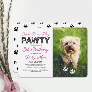 Black Paw Prints Custom Pet Birthday Pawty Photo Invitation