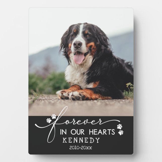 Black Paw Prints Forever In Our Hearts Pet Photo Plaque (Front)
