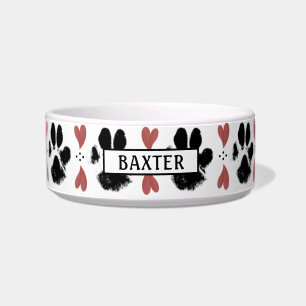 Black Paw Prints & Hearts Editable Colour Name Bowl