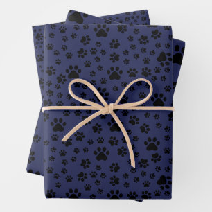 Black Paw Prints on Dark Blue Wrapping Paper Sheet
