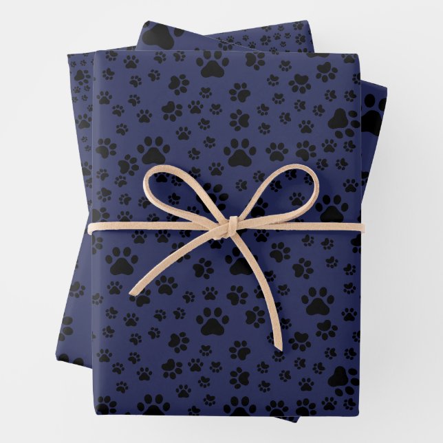 Black Paw Prints on Dark Blue  Wrapping Paper Sheet (In situ)