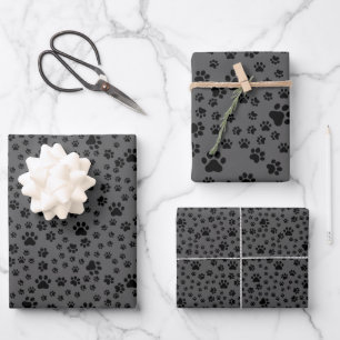 Black Paw Prints on Dark Grey  Wrapping Paper Sheet