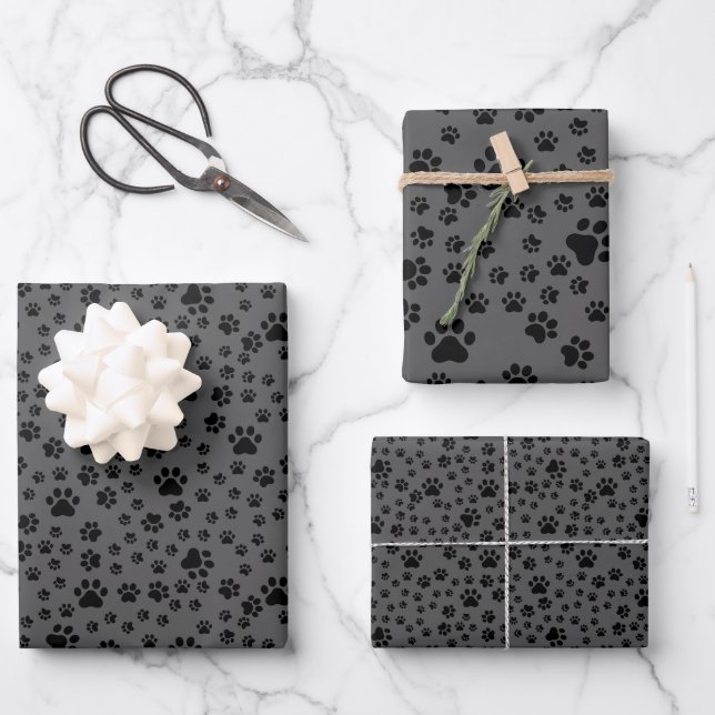 Black Paw Prints on Dark Grey  Wrapping Paper Sheet (Front)