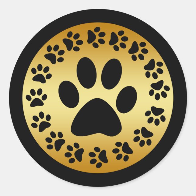 BLACK PAW PRINTS ON GOLD CLASSIC ROUND STICKER (Front)