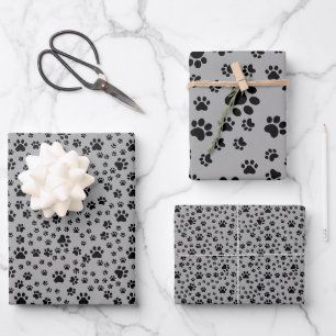 Black Paw Prints on Grey Wrapping Paper Sheet