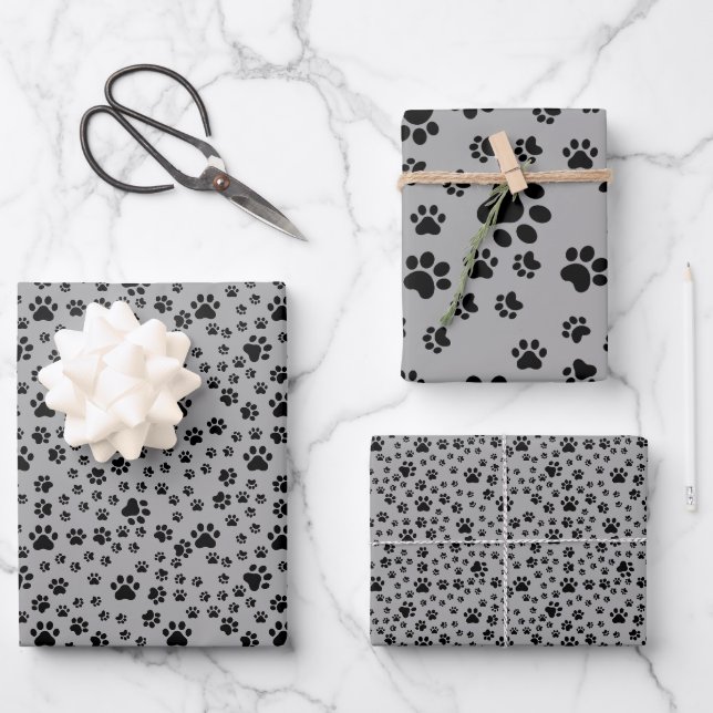 Black Paw Prints on Grey Wrapping Paper Sheet (Front)