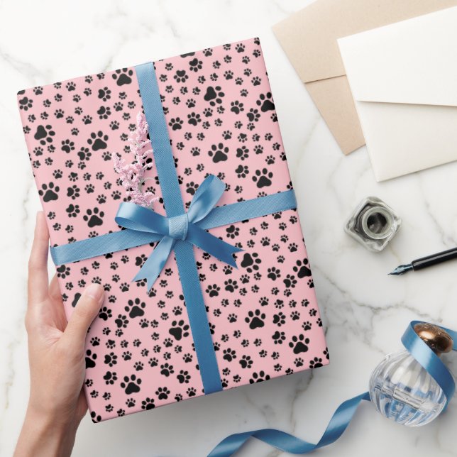 Black Paw Prints on Lemonade Pink Wrapping Paper (Gifting)