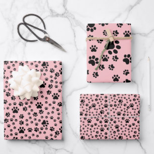 Black Paw Prints on Lemonade Pink Wrapping Paper Sheet