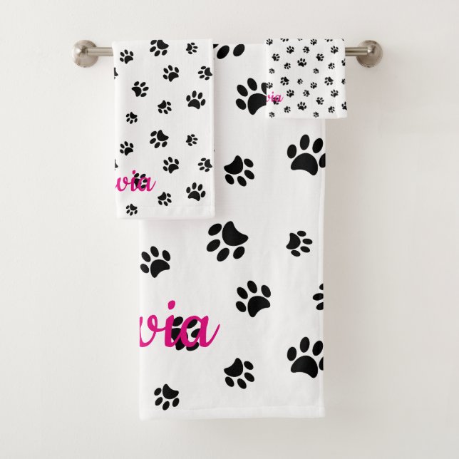 Black Paw Prints Pattern Bath Towel Set (Insitu)