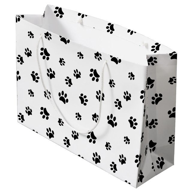Black Paw Prints Pattern Large Gift Bag (Back Angled)