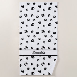 Black Paw Prints Pattern Personalised Beach Towel