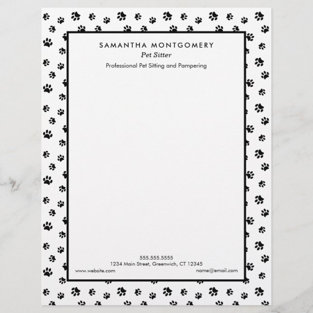 Black Paw Prints Pet Sitter Custom Letterhead (Front)