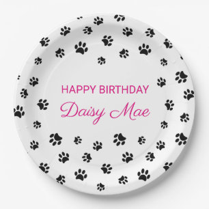 Black Paw Prints Pink Custom Pet Birthday Party Paper Plate