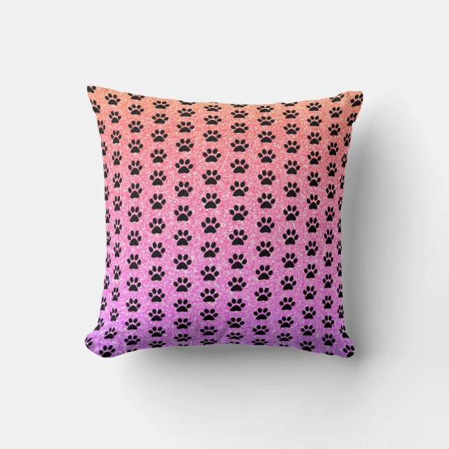 Black Paw Prints Rose Gold Pink Glittery Ombre Cushion (Front)