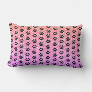 Black Paw Prints Rose Gold Pink Glittery Ombre Lumbar Cushion
