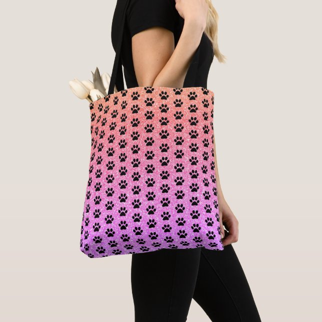 Black Paw Prints Rose Gold Pink Glittery Ombre Tote Bag (Close Up)
