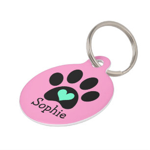 Black Pawprint with Blue Heart Custom Pet Tag