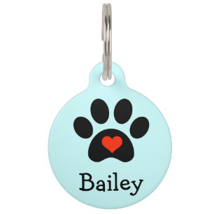 Black Pawprint with Red Heart Custom Pet Tag