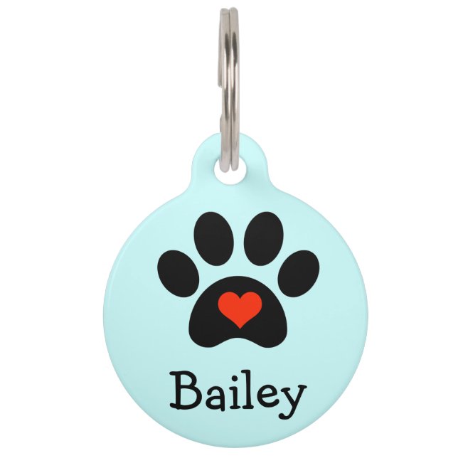 Black Pawprint with Red Heart Custom Pet Tag (Front)