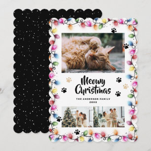 Black Paws Colourful Lights Photo Meowy Christmas Holiday Card