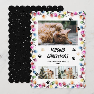 Black Paws Colourful Lights Photo Meowy Christmas Holiday Card
