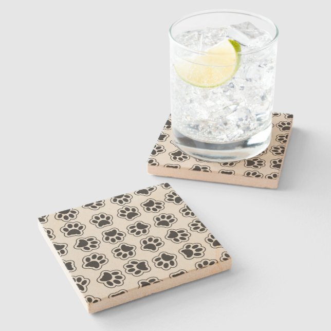 Black Paws, Dog Paws, Cat Paws, Outline Stone Coaster (Side)