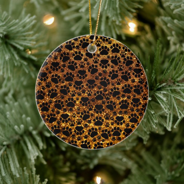 Black Paws, Gold Glitter, Blue Glitter, Dog Paws Ceramic Ornament (Tree)