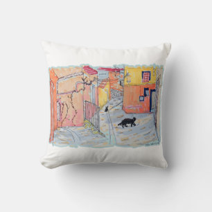 Black Paws in Sun-Drenched Alley Cushion