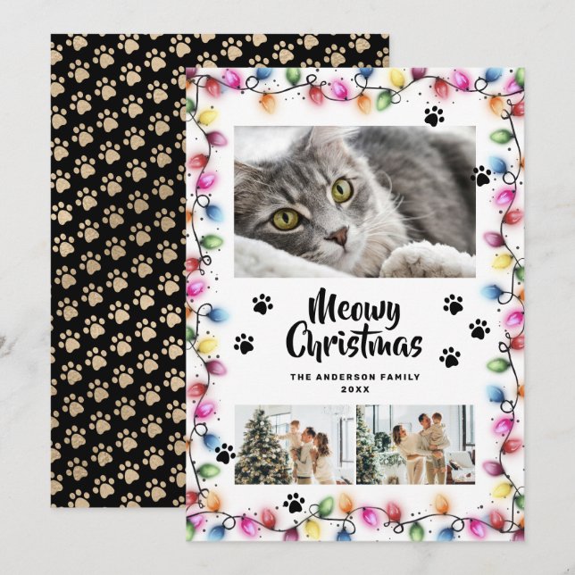 Black Paws String Lights Photo Cat Christmas Card (Front/Back)