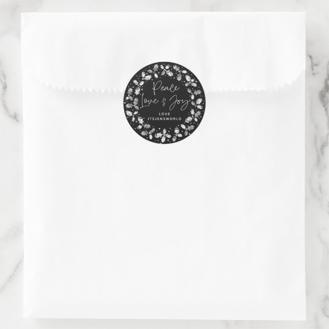 Black Peace Love+Joy Holly Wreath Classic Round Sticker (Bag)