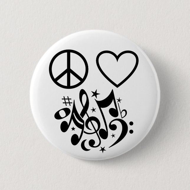 Black Peace Sign Red Heart Musical Harmony 6 Cm Round Badge (Front)
