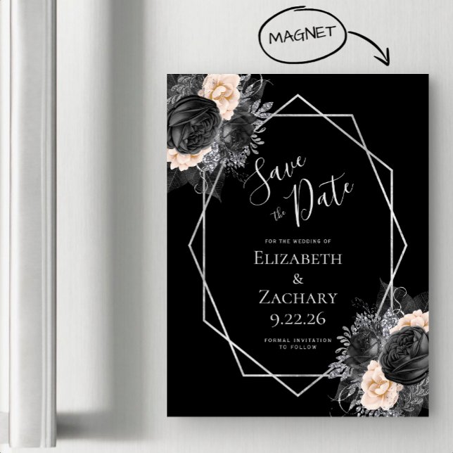 Black Peach Floral Geo Save the Date Magnetic Invitation (Creator Uploaded)