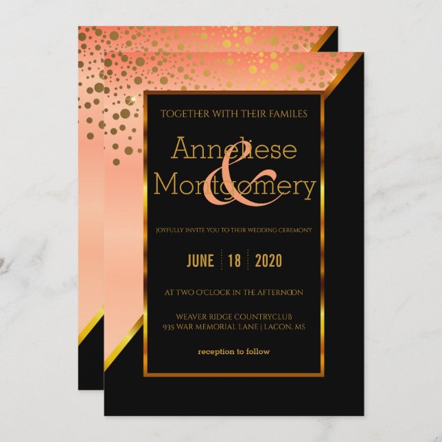 Black &  Peach Gold Dot Wedding Invitation (Front/Back)