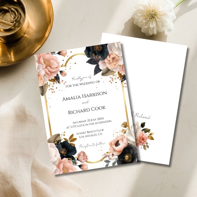 Black Peach Gold Floral Customizable Wedding  Invitation (Creator Uploaded)