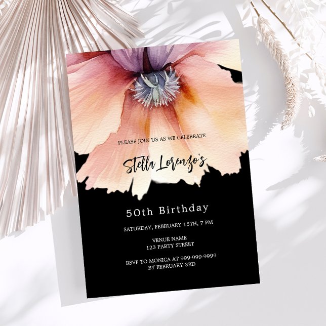Black peach watercolored floral birthday invitation (Creator Uploaded)