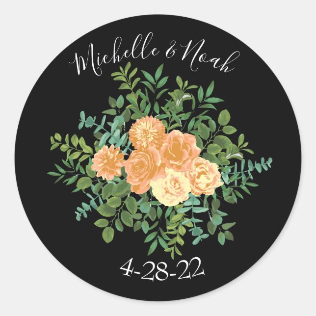 Black & Peach Wedding Modern Floral Classic Round Sticker (Front)