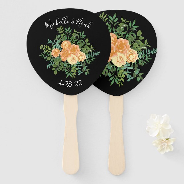 Black & Peach Wedding Modern Floral Hand Fan (Front and Back)