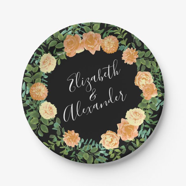 Black & Peach Wedding Modern Floral Paper Plate (Front)