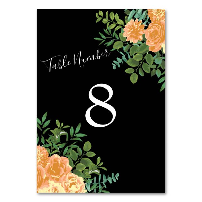 Black & Peach Wedding Modern Floral Table Number (Back)