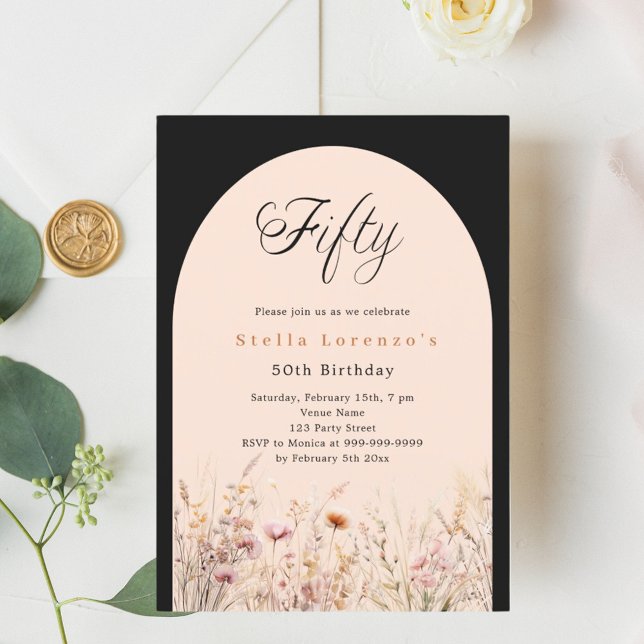 Black peach wildflower florals 50th birthday invitation (Creator Uploaded)