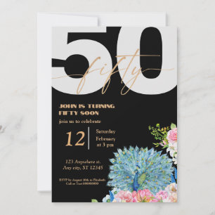 Black Peacock 50th Birthday Invitations 