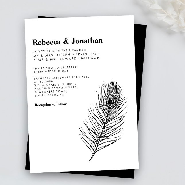 Black Peacock Feather Modern Wedding Invitation (Creator Uploaded)