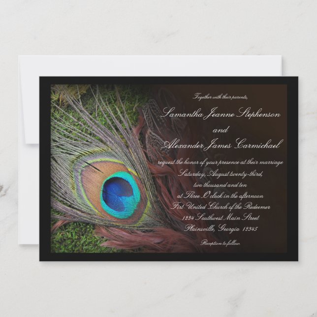 Black Peacock Feather w/Moss Wedding Invitations (Front)