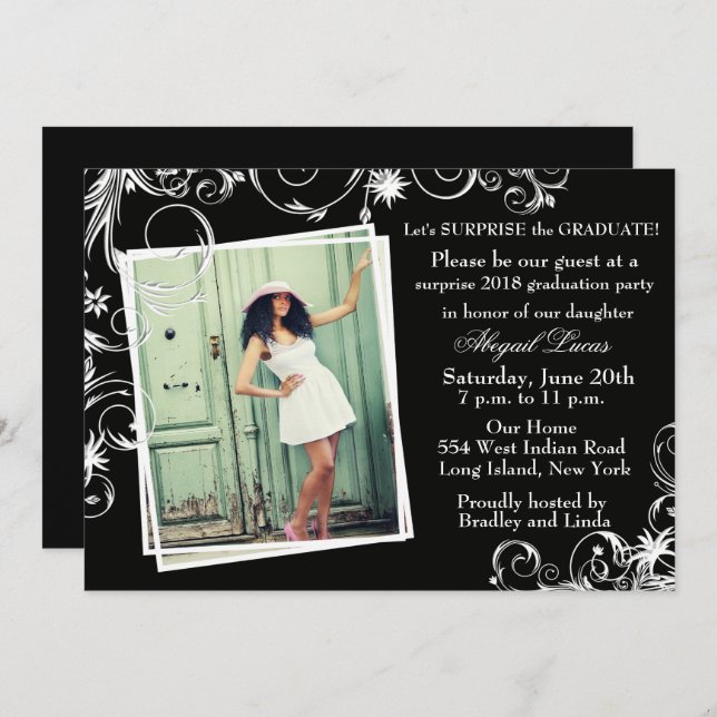 Black & Pearl Swirl Graduation Invitation (Front/Back)