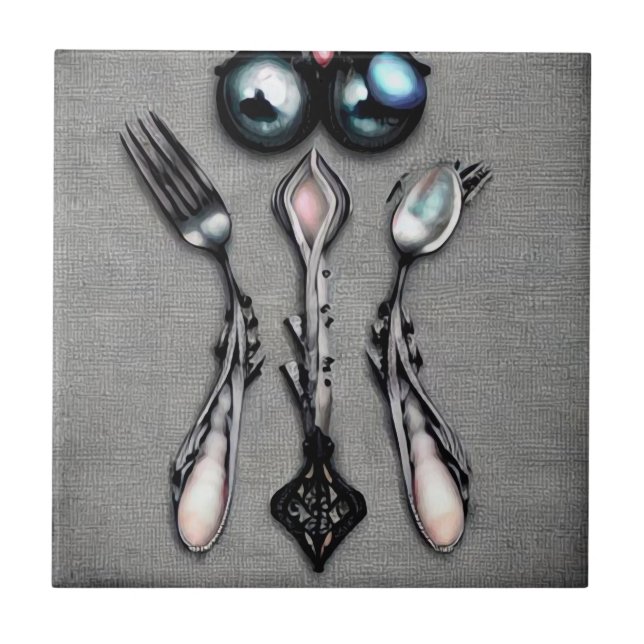 Black Pearls Surreal Silverware Ceramic Tile (Front)
