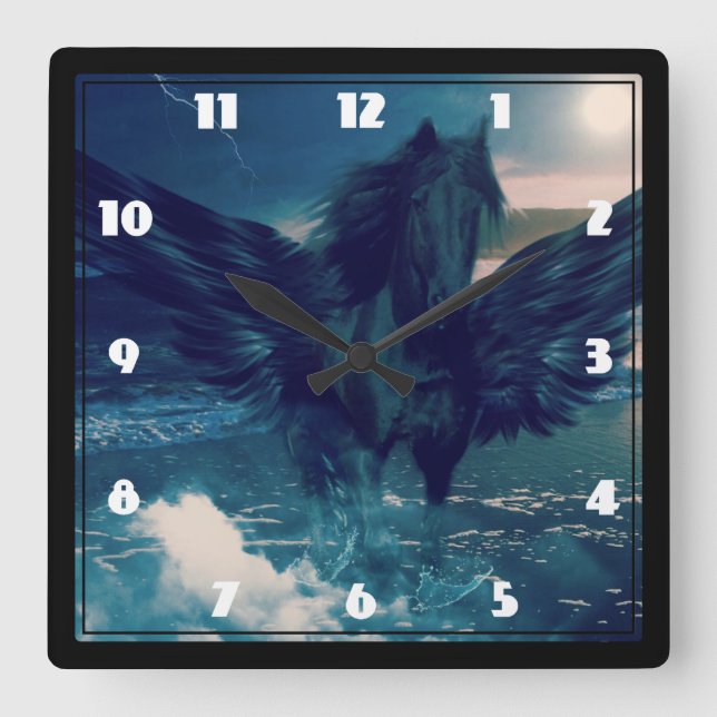 Black Pegasus Emerging From The Sea Square Wall Clock (Front)