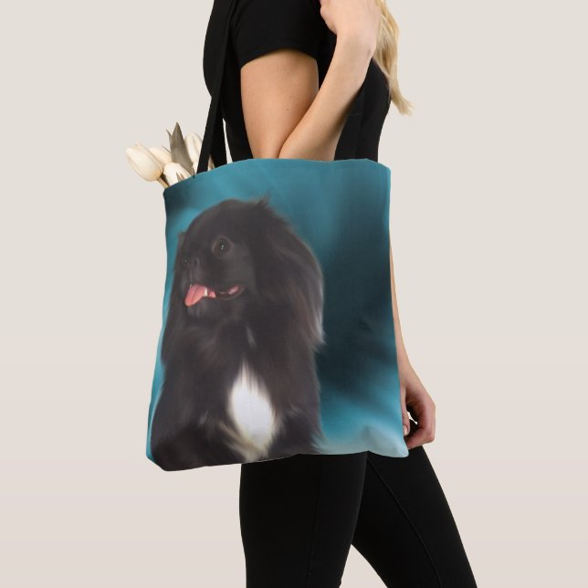 Black Pekingese Blue Swirls Dog Art  Tote Bag (Close Up)